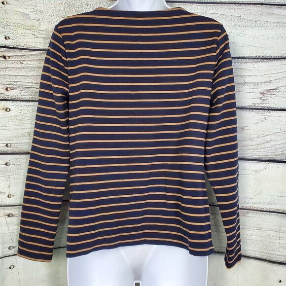 Talbots Navy & Mustard Stripe Tee Size Small Long Sleeve 100% Cotton - Picture 3 of 5